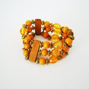 Boho Beaded Triple Strand Bracelet Earth Tone Amber Golden Beads